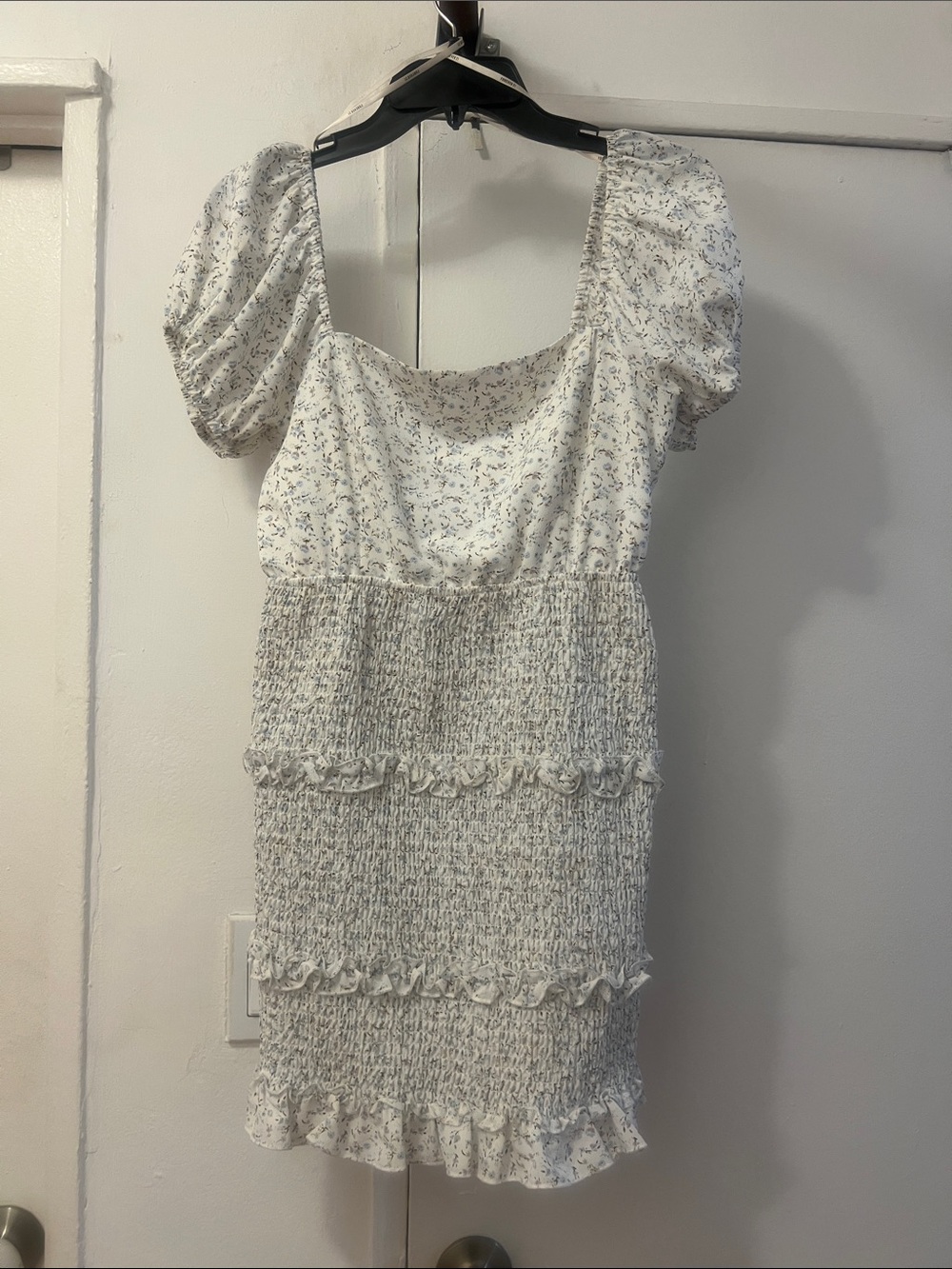 White Floral Smocked Mini Dress from “forever 21”
